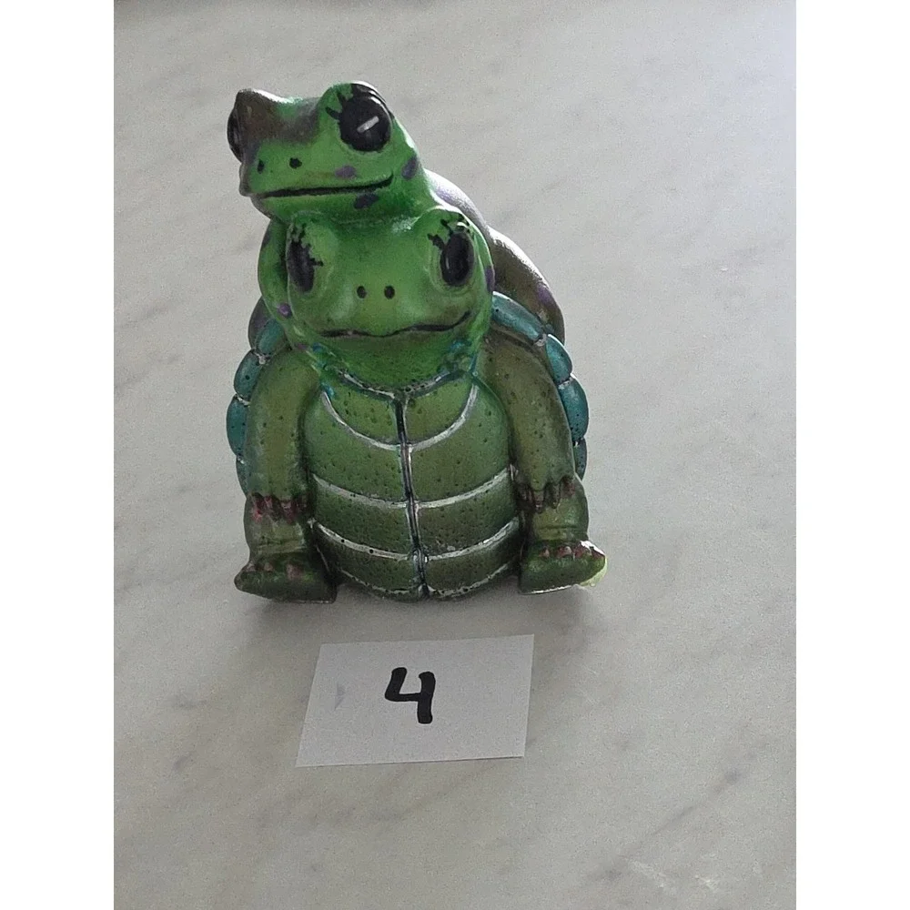 Handmade Resin Turtle Frog Figurine Piggyback Green Navy Blue Brown